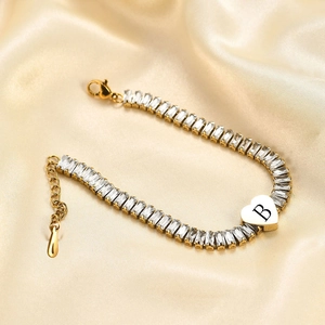 Golden chain bracelet with heart B pendant and rectangular cubic zirconia stones