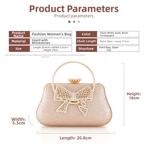 Size chart and dimensions for the rhinestone evening clutch bag with metal handle