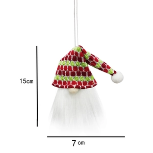 Detail view of 15cm knitted Christmas gnome pendant with dimensions and soft white beard