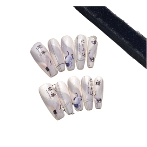 Long coffin fake nails with white cranes, sunset, and ink bamboo Chinese art style