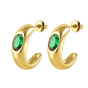 Gold C-shaped stud earrings featuring inlaid green zircon stones on a white background