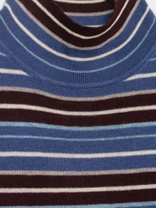 Detail showing mock neck with vertical ribbed texture and multi-color stripe knit pattern