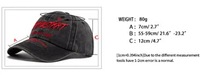Size chart showing baseball cap dimensions with 55-59cm head circumference and 7cm brim