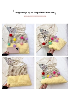 Detail view of colorful crochet knit tote bag with decorative pom-poms from multiple angles
