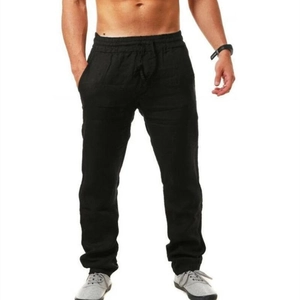 Men's loose breathable cotton linen drawstring casual pants in black solid color
