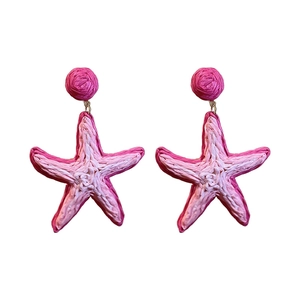 Pink raffia woven starfish drop earrings for summer beach vacations and stylish wear