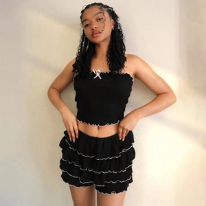 Haut Tube Et Mini Jupe À Volants Pour Femmes Sexy Été Streetwear Polyester Élasthanne Noir