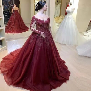 Vestito Sera Borgogna Maniche Lunghe Spalle Scoperte Applique Pizzo Mesh Abito Ballo Matrimonio Per Donne