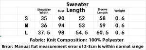 Size chart for French style knit cardigan set detailing measurements and 100% polyester fabric