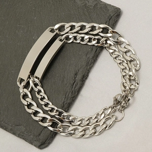 Classic stainless steel double-layer Cuban chain bracelet with ID bar and lobster clasp