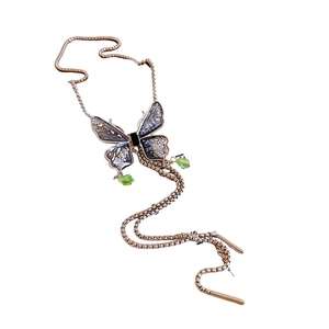 Diamond butterfly tassel necklace with blue wings and green crystal drop pendant for women