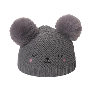 Berretto in maglia grigio scuro per bambine con due pompon e simpatico viso d'animale