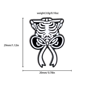 Detail view of gothic skeleton ribs with bow enamel pin showing size and weight specs