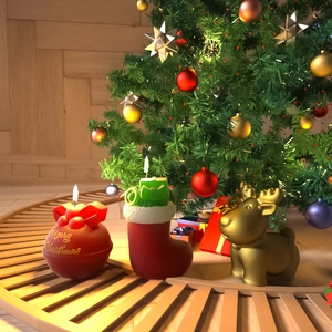 Christmas candle set with red ball and boot shapes near a gold reindeer statue
