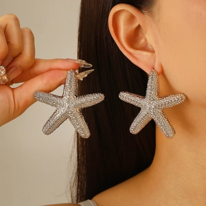 Polished silver starfish earrings featuring a textured metal finish in a stylish large design
