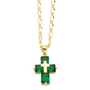 Hip hop gold Figaro chain necklace with green gemstone cross pendant for men and women