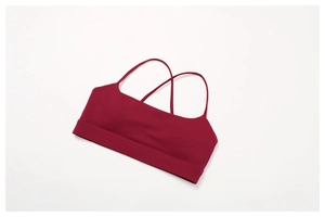 Detailed view of dark red sports bra with criss-cross back straps on white background