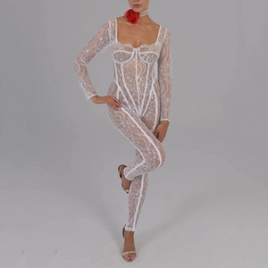 Elegant white lace long sleeve jumpsuit with plunging V-neck and sheer floral patterns