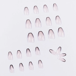 Short coffin press-on nails with nude pink to black gradient and French tip design