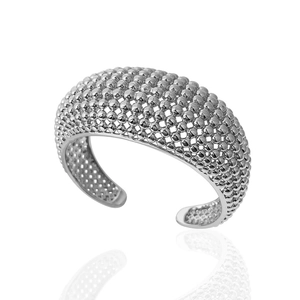 Macro shot of silver mesh bead cuff bracelet with intricate metallic hollow-out design