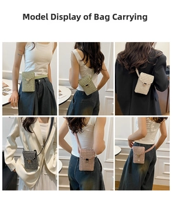 Detailed views of mini rhinestone crossbody bags in six colors shown on a model
