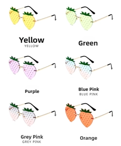 Collection of rimless strawberry-shaped sunglasses in vibrant multi-colored resin lenses