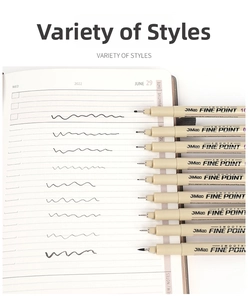 Detailed strokes of waterproof pigment fineliners showing 12 different tip sizes on paper