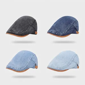 Coppia Piatta In Denim Vintage Cotone Lavato Con Finiture In Pelle Berretto Retro Casual Regolabile