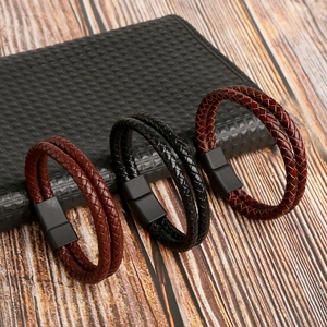Vintage Double Layer Braided Genuine Leather Bracelet For Men With Alloy Magnetic Clasp Geometric Retro Style