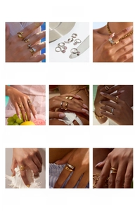 Collection of titanium steel rings and earrings with minimalist geometric and floral motifs