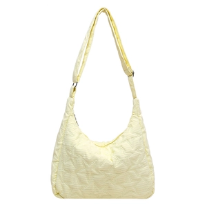 Quilted star pattern crescent hobo bag in beige with adjustable shoulder strap