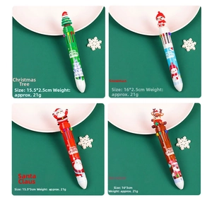 Detail view of 10-color Christmas ballpoint pens featuring Santa, Reindeer and Tree designs
