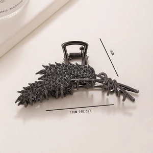Detail of 11cm gunmetal wheat ear hair claw clip featuring inlaid black rhinestones