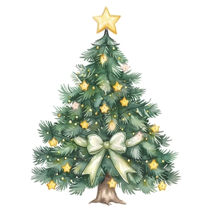 Festive watercolor Christmas tree wall decal with golden stars and green bows for home decor