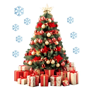 Detail of green Christmas tree with red and gold ornaments and decorative gift boxes