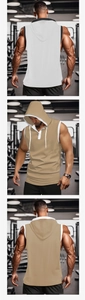 Detail of hooded sleeveless workout shirts with button placket and breathable mesh fabric