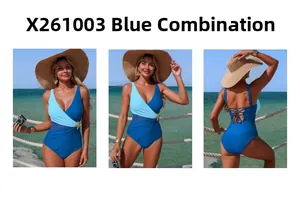 Three-way view of blue contrast swimsuit with starfish waist detail and cross straps
