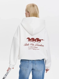 Women Oversized Hooded Sweatshirt Cotton Back Horse Print Wild Spirit Streetwear Casual Long Sleeve Drop Shoulder
