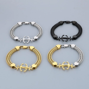 Detail of stainless steel Cuban anchor bracelets in silver, gold, and black metal finishes