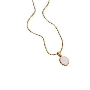 Minimalist titanium steel gold necklace with round pink mother of pearl pendant for women