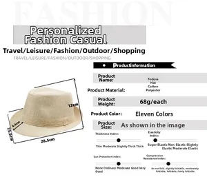 Detailed size specifications of the beige linen fedora hat with dimensions and features