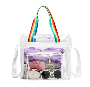 Close-up of clear PVC tote showing rainbow straps and inner items for gym and beach
