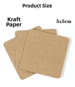 Detailed view of three 5x5cm kraft paper jewelry cards for earrings and necklaces