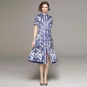 Blue and white porcelain print midi dress with short sleeves and matching waist belt