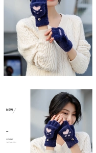 Detail of navy blue faux mink fingerless gloves with pink heart and button decor