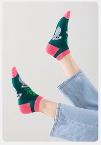 Detailed view of dark green crew socks featuring cute koala and bamboo leaf patterns