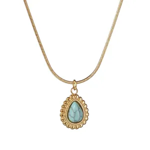 Vintage 14K gold plated necklace with turquoise teardrop pendant on snake chain