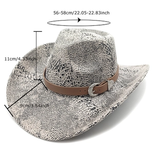 Cappello da cowboy scamosciato con stampa a serpente e fibbia argentata a tesa larga per sole