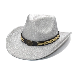 Glitter Western Cowboy Hat With Bull Head Badge Cotton Polyester Wide Brim Jazz Fedora For Men Women Party Style