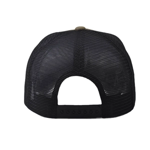 Detail view of the breathable mesh back and adjustable snapback closure of the black trucker hat